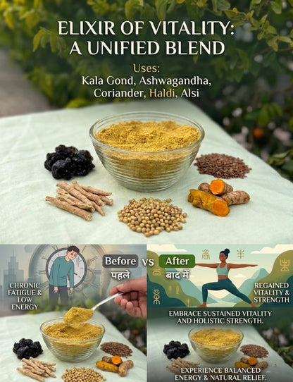 Herbal Muscle Pain Relief & Blood Circulation Powder | Ashwagandha, Gond, Flaxseed Blend for Body Strength & Weakness