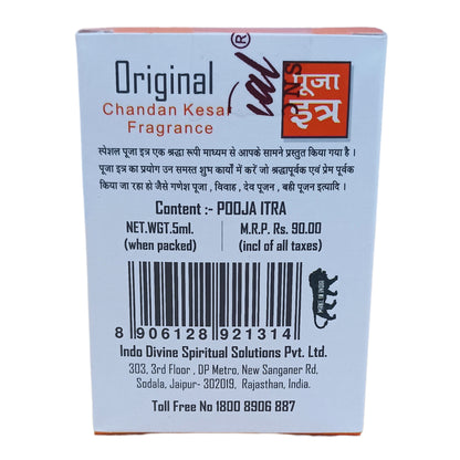 Original Puja Itar Chandan Kesar Fragrance Premium Pooja Itra for Home and Mandir Pure and Natural Fragrances for Worship and Meditation 5 ML