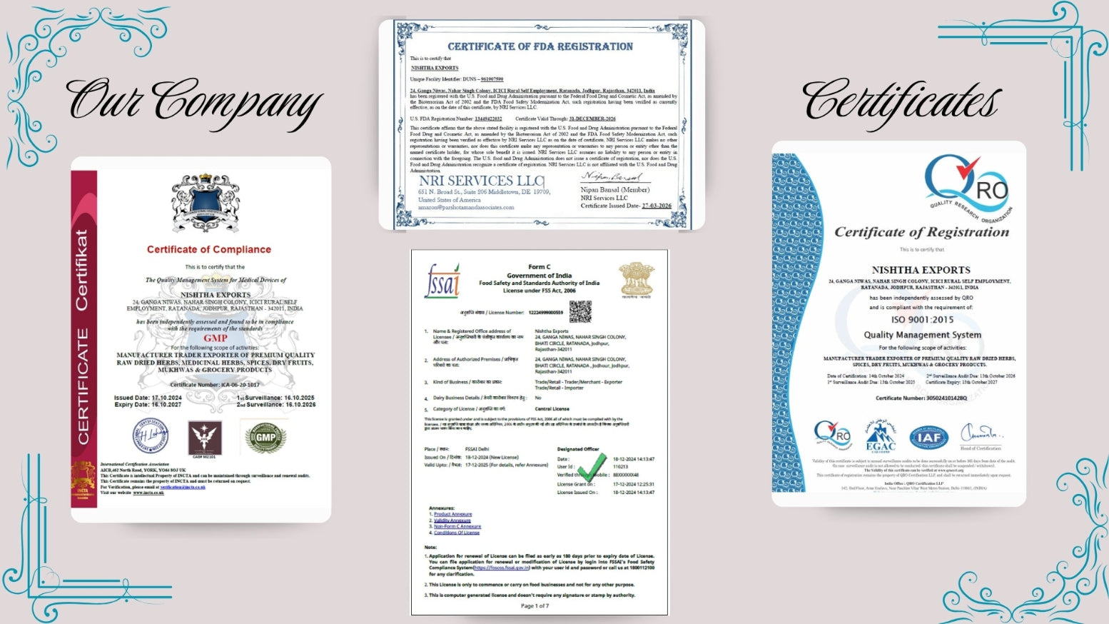 Collection of certificates and documents on a light gray background with decorative elements.