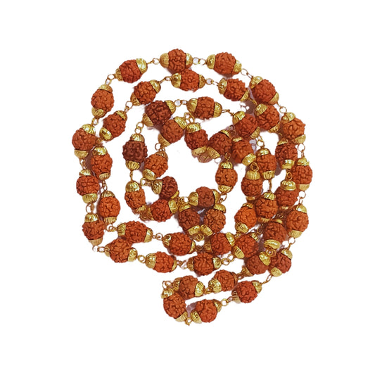 Rudraksha Mala with Golden Caps 55 Beads Divine Brown Rudraksha Mala Chain for Men and Women