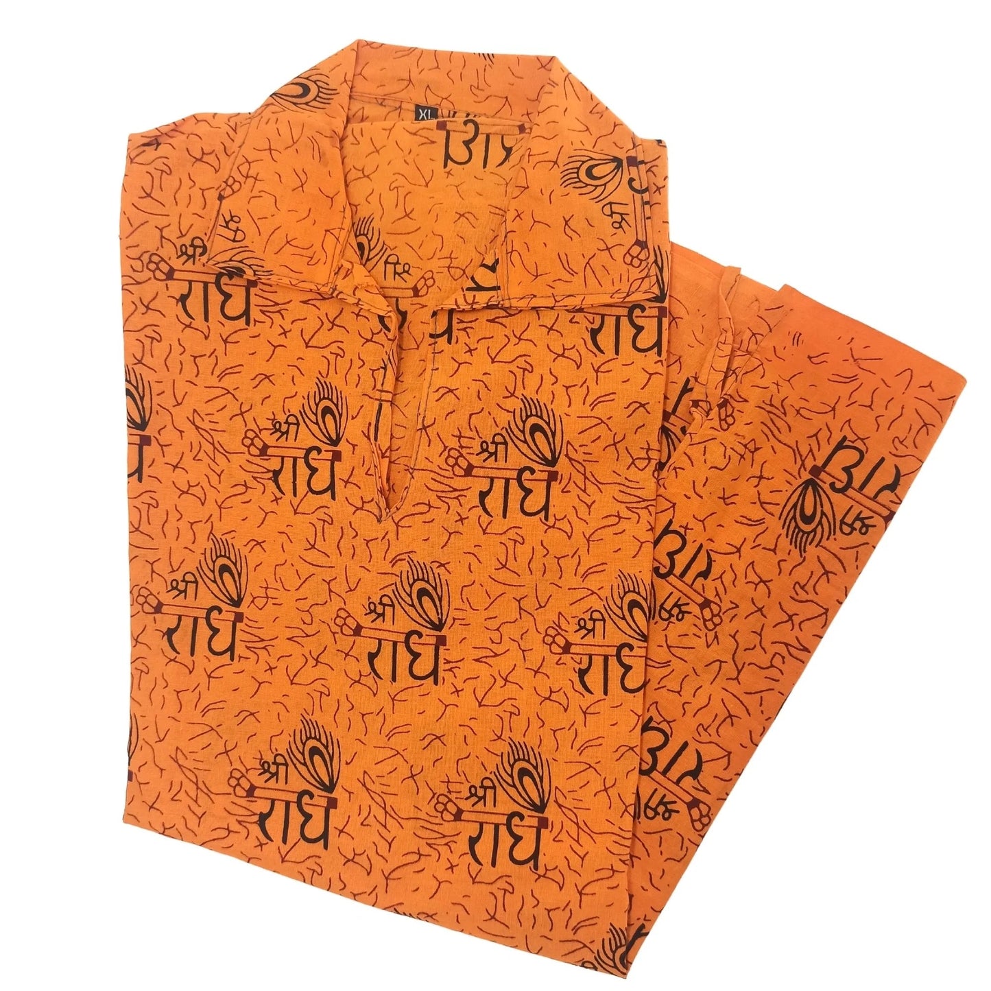 Men-Boys- Kurta T-Shirt-Shree Radhe Morpankh Printed Short Kurta 100 % Pure Cotton Blend Straight Fit In Orange Color