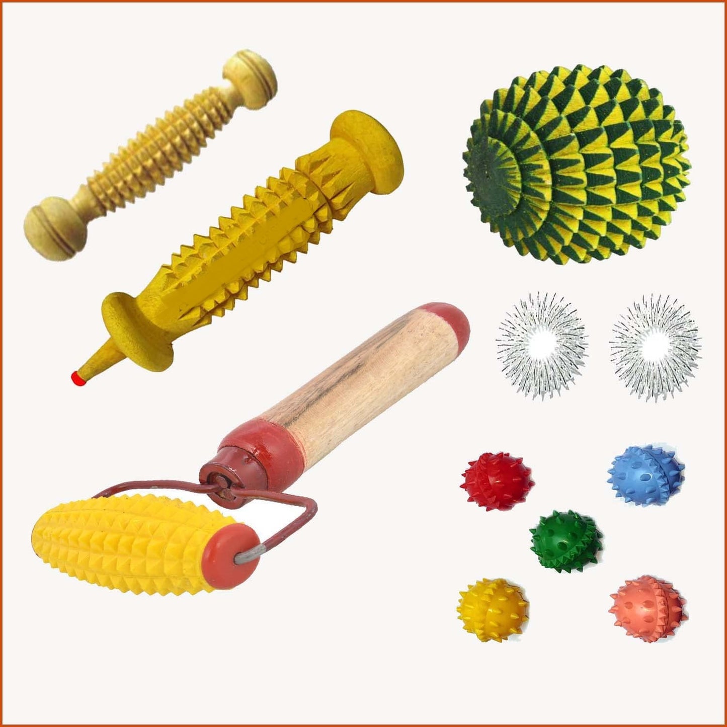 Acupressure Wooden Roller Tools baby, beak, ball, karela handle, sujok ring total combo kit