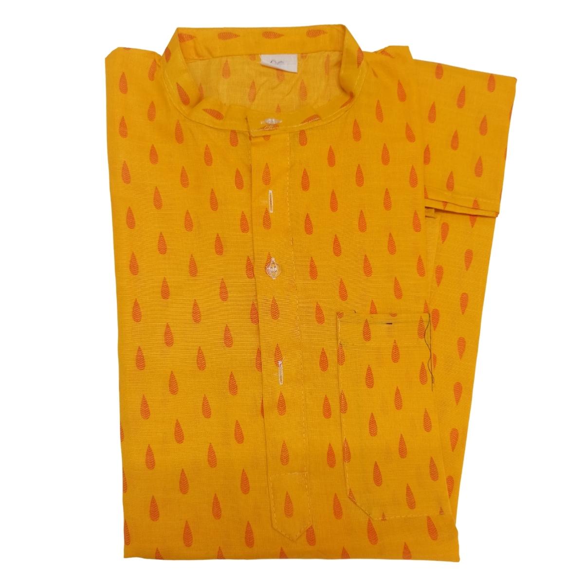 Mens-Boys-Stylish Pure Cotton Blend Knee Length Full Sleeves Kurta In Yellow Color